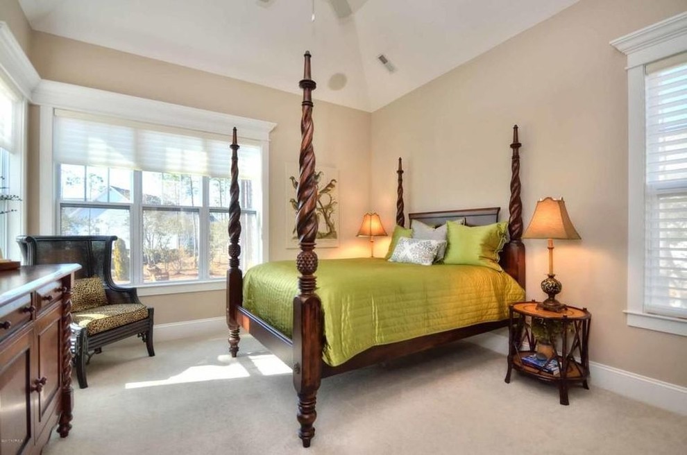 Design ideas for a medium sized world-inspired master bedroom in Wilmington with beige walls, carpet, no fireplace and beige floors.