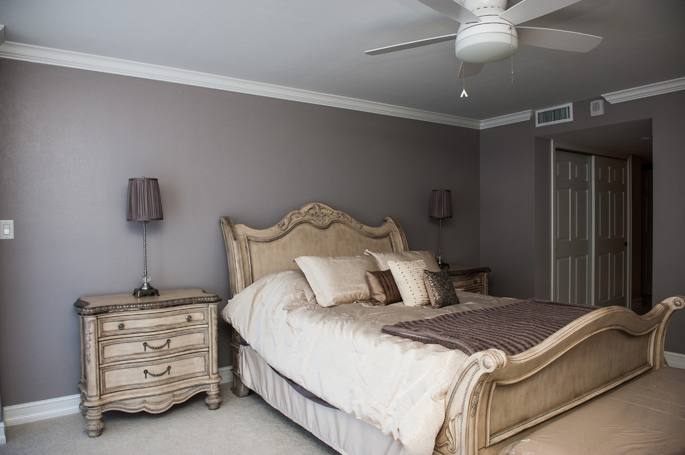 Bedroom - mid-sized 1960s master carpeted and beige floor bedroom idea with blue walls