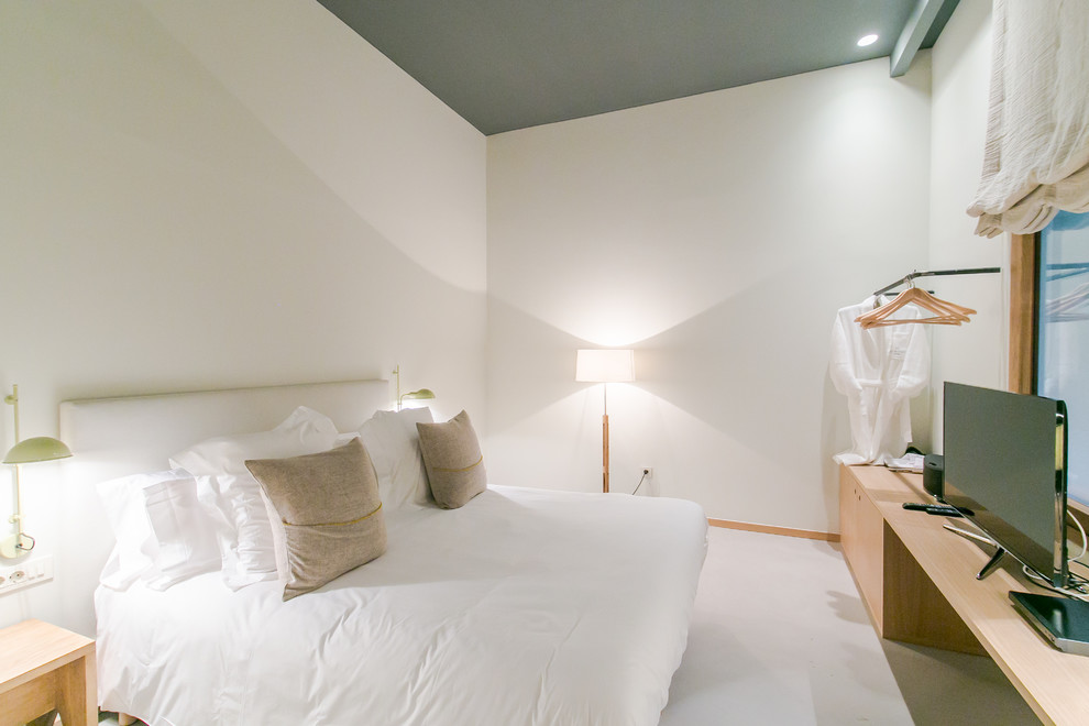 Diseño de dormitorio principal escandinavo de tamaño medio sin chimenea con paredes blancas