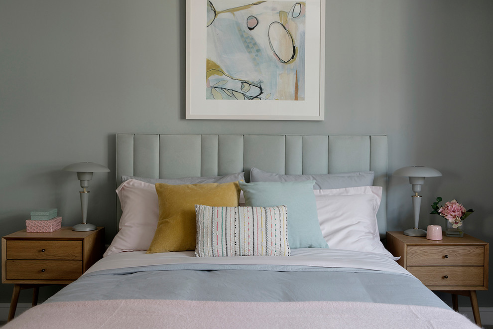 Scandi grey and pink bedroom in Dublin.
