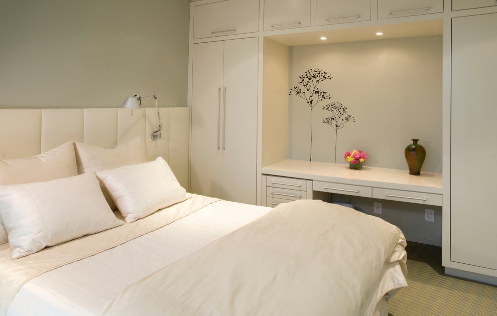 Идея дизайна: большая гостевая спальня (комната для гостей) в современном стиле с белыми стенами и ковровым покрытием без камина