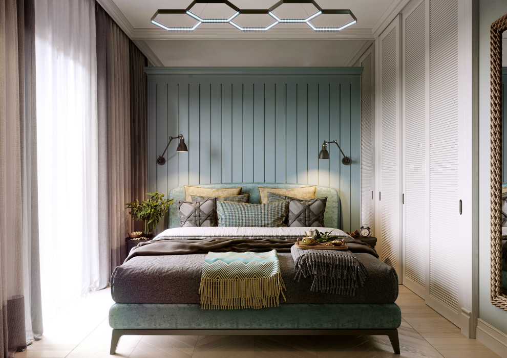 Идея дизайна: хозяйская спальня среднего размера в стиле неоклассика (современная классика) с синими стенами, бежевым полом и деревянными стенами