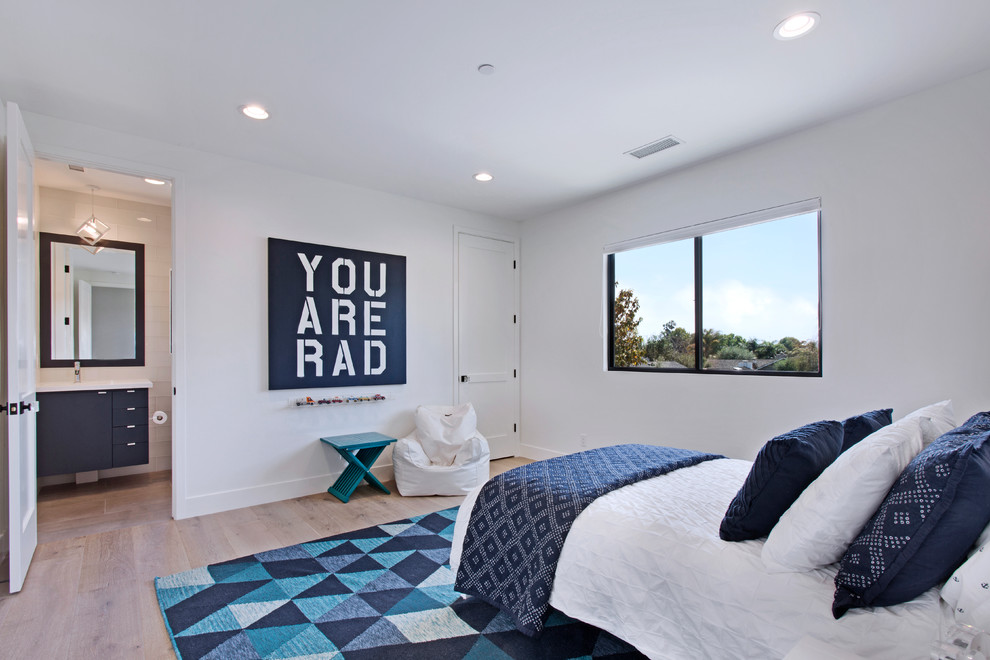 Mittelgroßes Modernes Gästezimmer mit weißer Wandfarbe, hellem Holzboden und verputzter Kaminumrandung in Orange County