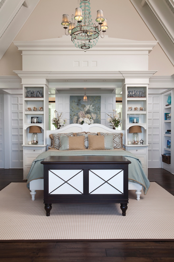 Imagen de dormitorio principal clásico con paredes beige y suelo de madera oscura