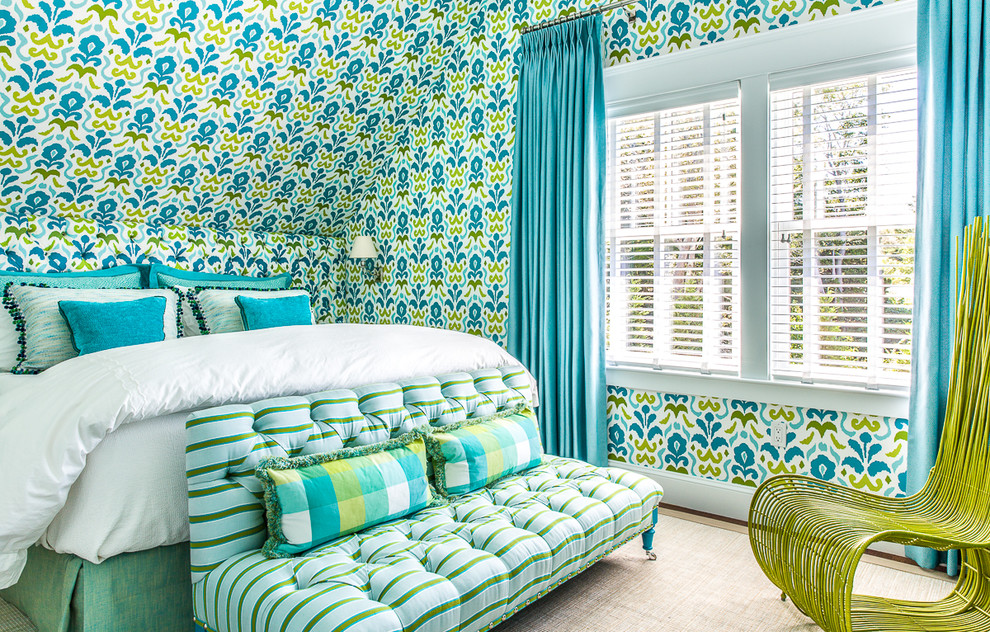 Inspiration for a medium sized coastal guest bedroom in Boston with multi-coloured walls and medium hardwood flooring.