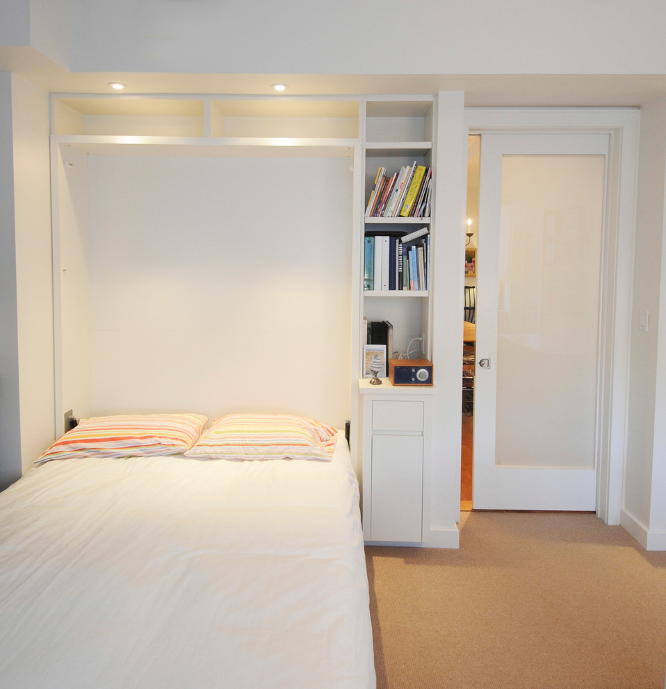 Пример оригинального дизайна: гостевая спальня (комната для гостей) в современном стиле с белыми стенами