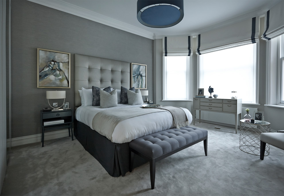 Inspiration for a contemporary grey and silver bedroom in London.