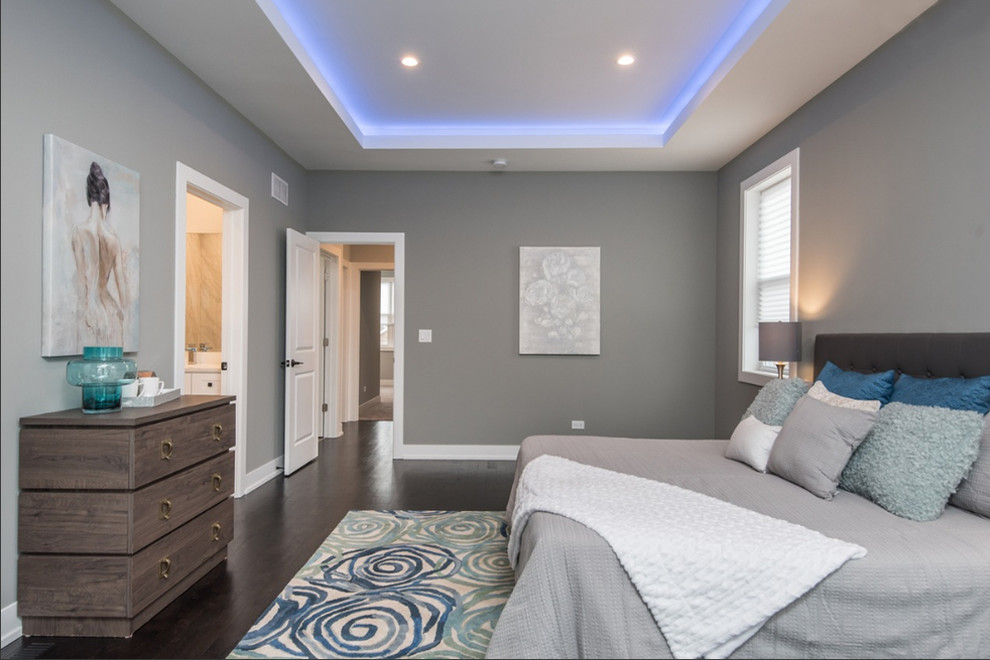 Example of a large trendy master dark wood floor and brown floor bedroom design in Chicago with gray walls and no fireplace