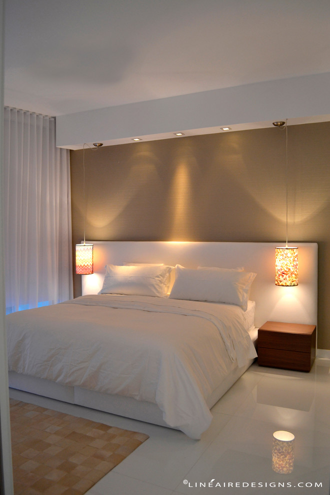 Example of a large trendy master porcelain tile bedroom design in Miami