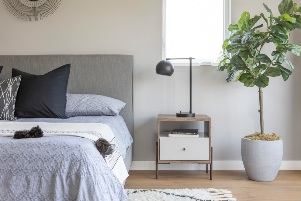 Foto de dormitorio principal campestre de tamaño medio con paredes grises, suelo de madera clara y suelo beige