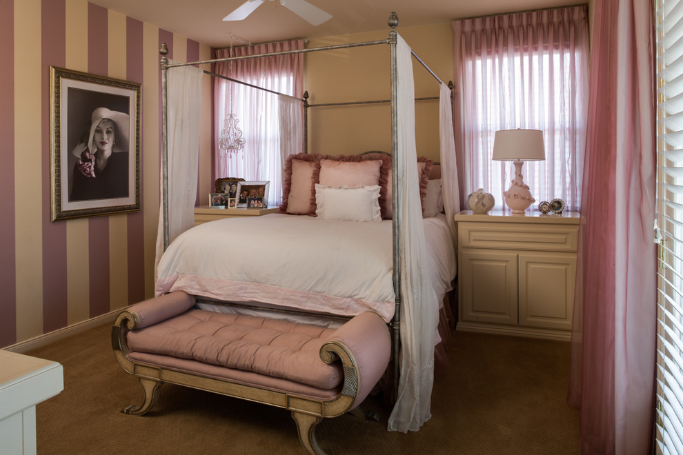 Inspiration for a mid-sized transitional guest carpeted bedroom remodel in Las Vegas with pink walls and no fireplace
