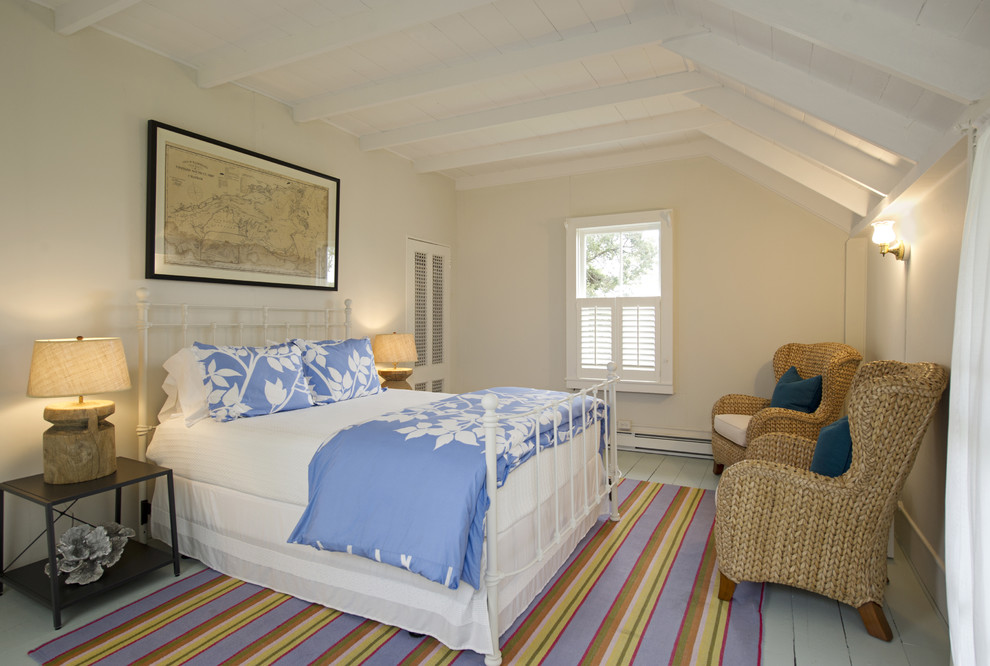 Idee per una camera degli ospiti chic di medie dimensioni con pareti beige, pavimento in legno verniciato e nessun camino