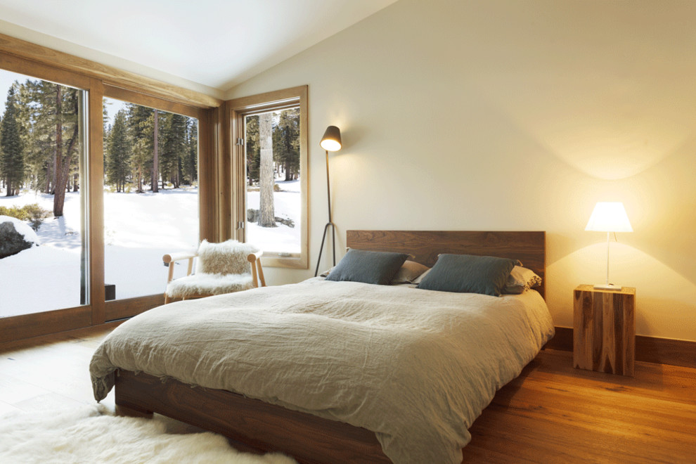 Example of a mountain style medium tone wood floor bedroom design in San Francisco with beige walls