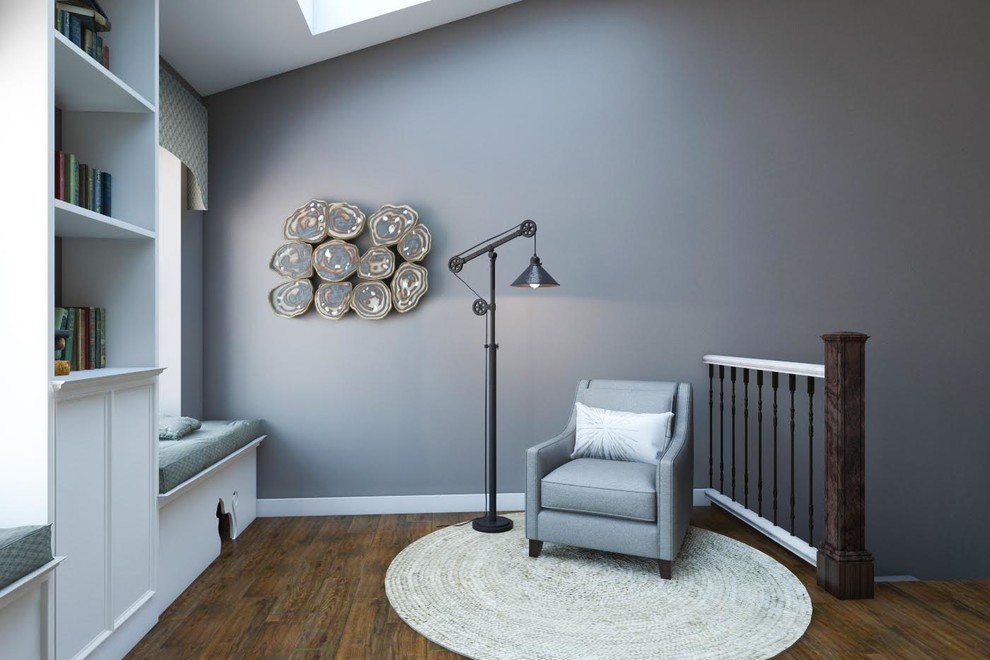 Свежая идея для дизайна: большая хозяйская спальня в стиле лофт с серыми стенами, полом из керамогранита, стандартным камином и фасадом камина из дерева - отличное фото интерьера