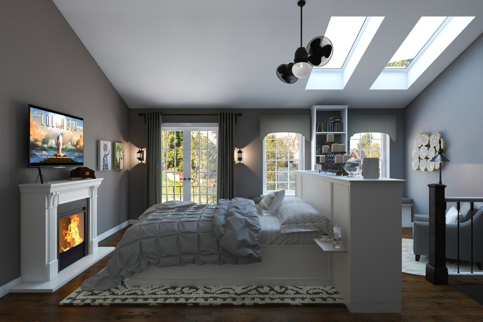 Идея дизайна: большая хозяйская спальня в стиле лофт с серыми стенами, полом из керамогранита, стандартным камином и фасадом камина из дерева