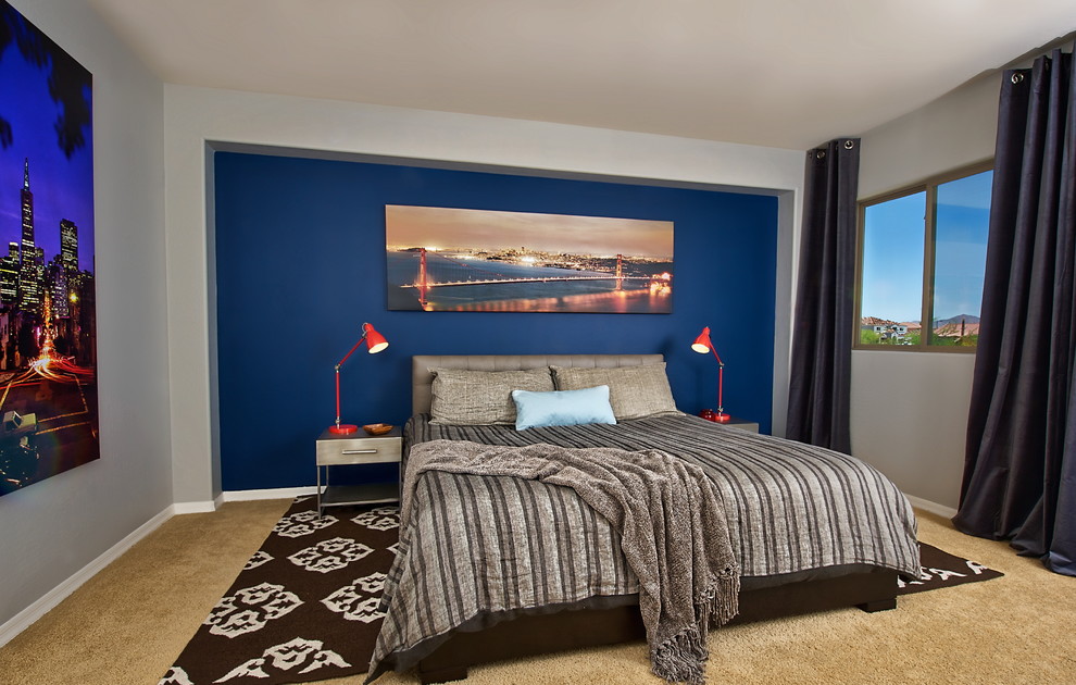Inspiration for a small contemporary master bedroom in Phoenix with multi-coloured walls, carpet and feature lighting.