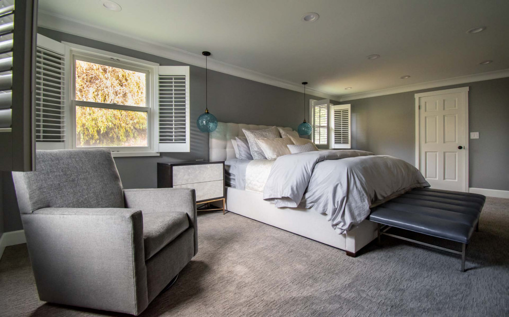 Bedroom - large modern master carpeted and gray floor bedroom idea in Seattle with gray walls