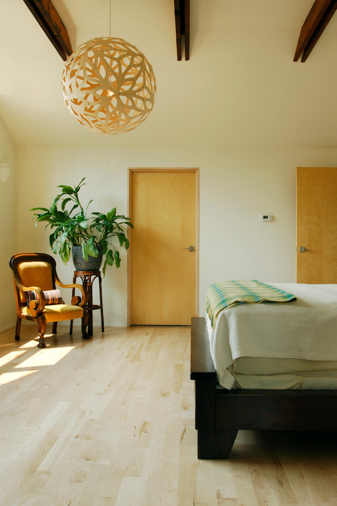 Diseño de dormitorio principal moderno de tamaño medio con paredes blancas y suelo de madera clara