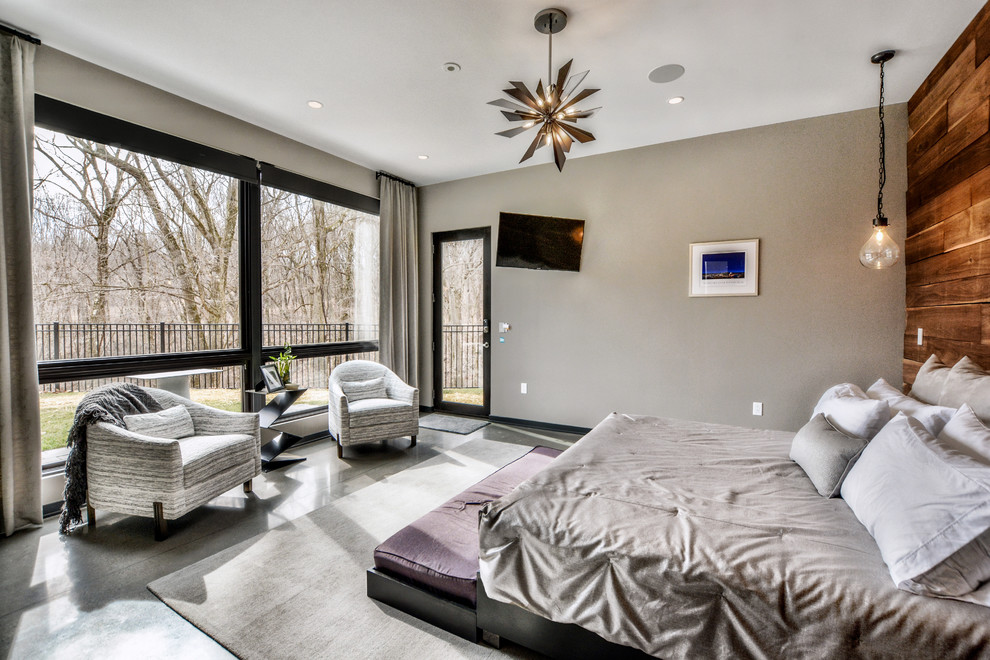 Ejemplo de dormitorio principal contemporáneo de tamaño medio con paredes grises, suelo de cemento y suelo gris