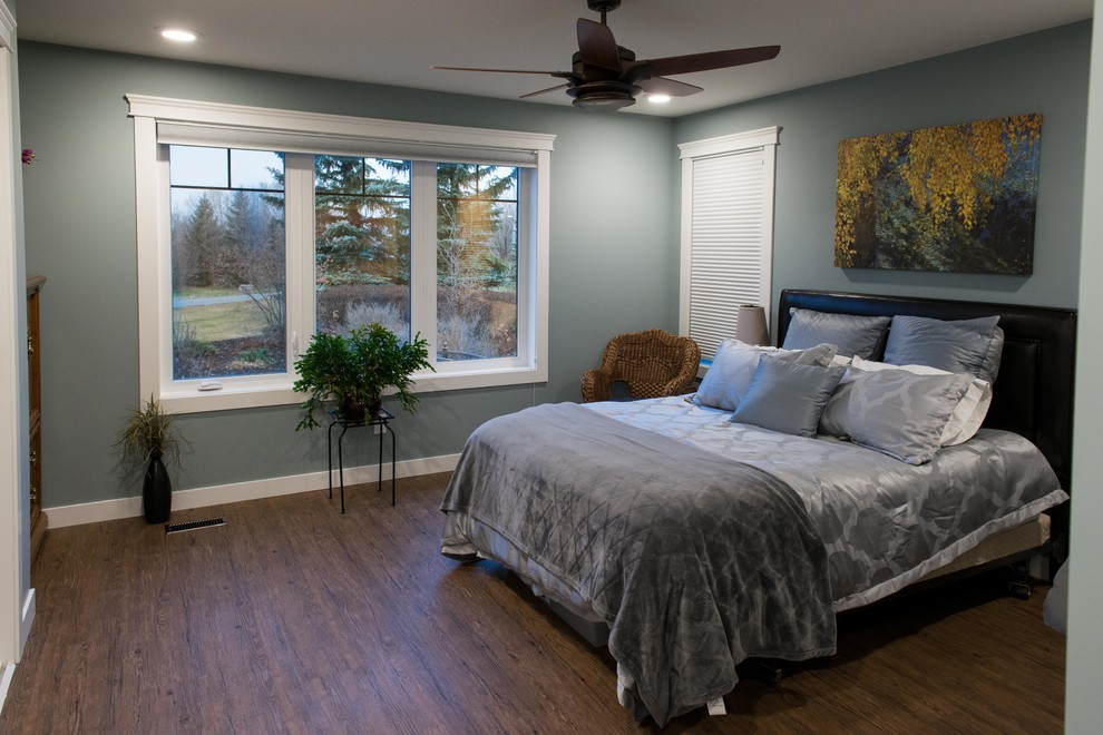 他の地域にある中くらいなトランジショナルスタイルのおしゃれな主寝室 (青い壁、クッションフロア) のレイアウト