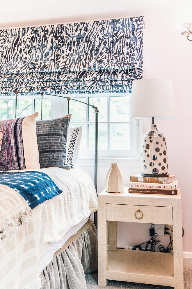 Mid-sized transitional master carpeted and blue floor bedroom photo in Baltimore with pink walls