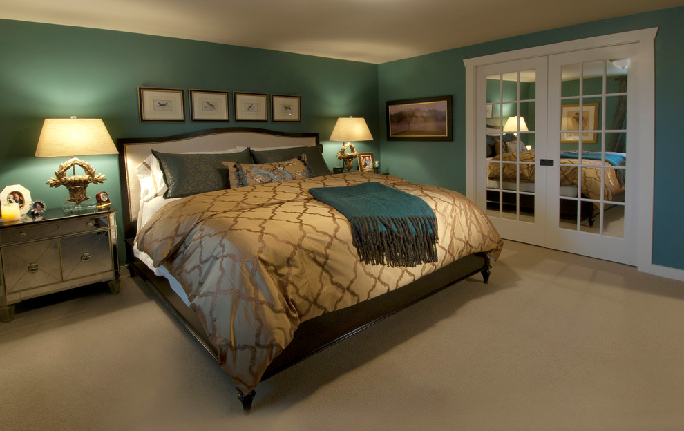 Mid-sized elegant master carpeted bedroom photo in Phoenix with blue walls and no fireplace