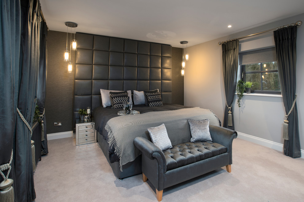 Design ideas for a large contemporary master bedroom in Dublin with grey walls, carpet and grey floors.