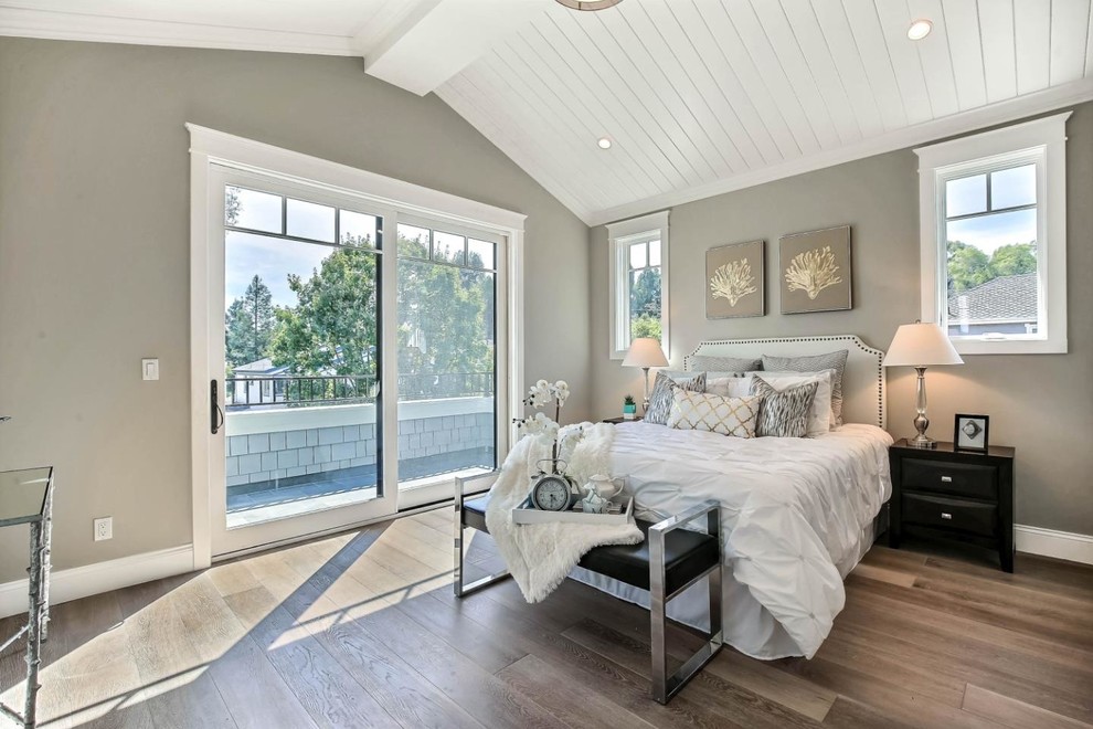 Mid-sized arts and crafts master medium tone wood floor and gray floor bedroom photo in San Francisco with gray walls