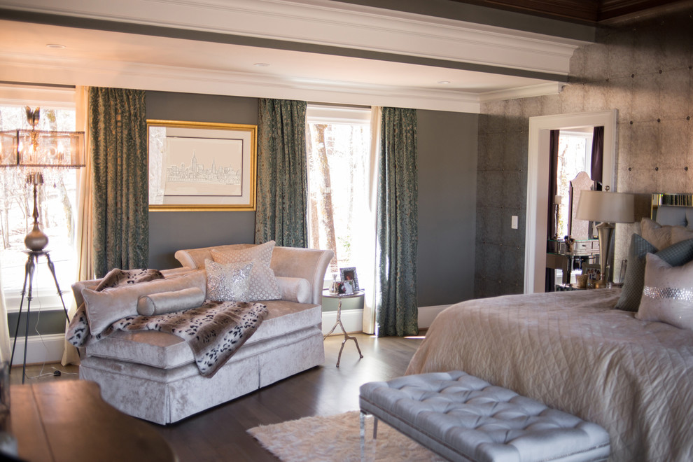 Large traditional master bedroom in Atlanta with grey walls, light hardwood flooring and no fireplace.