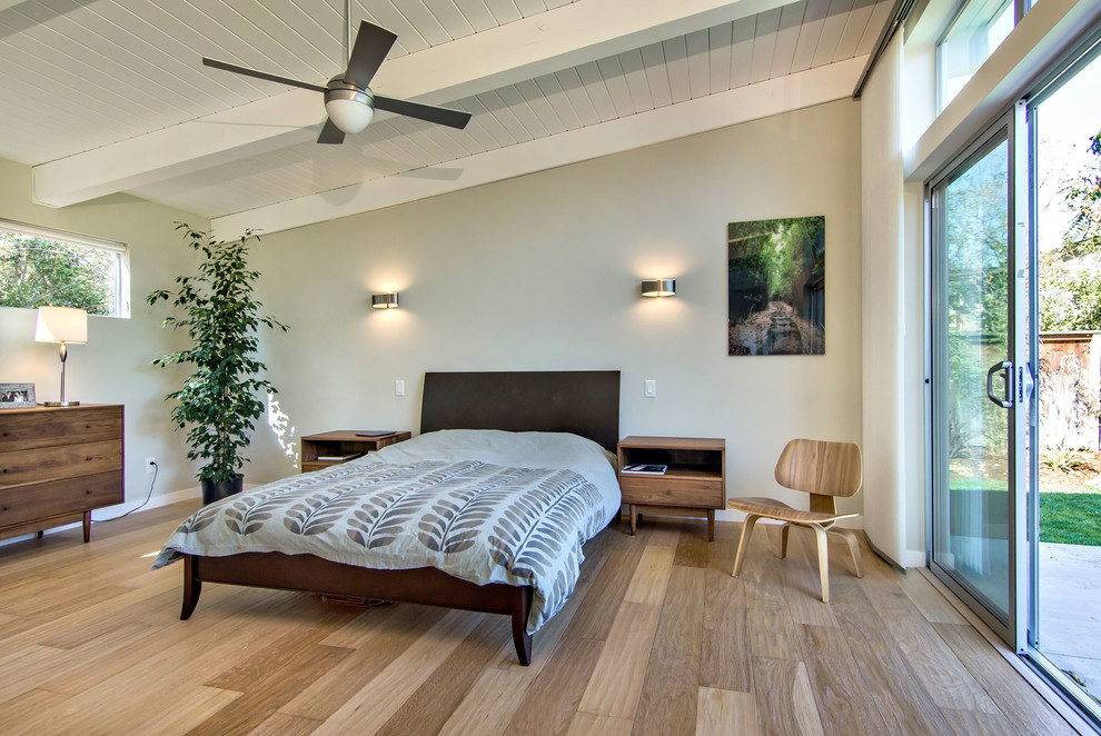 サンフランシスコにある中くらいなミッドセンチュリースタイルのおしゃれな主寝室 (グレーの壁、淡色無垢フローリング、茶色い床、照明、グレーとブラウン)