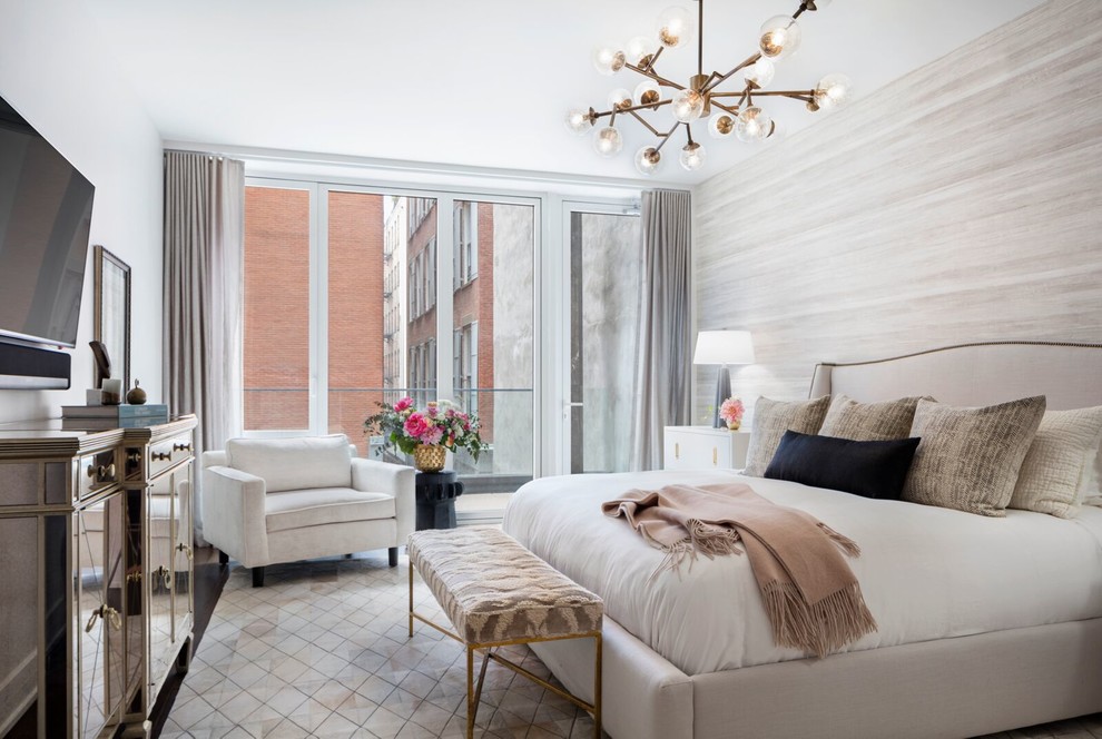 Example of a large transitional master porcelain tile and beige floor bedroom design in New York with beige walls and no fireplace