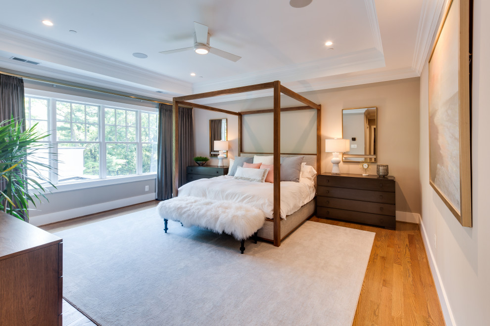ワシントンD.C.にある広いトラディショナルスタイルのおしゃれな主寝室 (グレーの壁、無垢フローリング、格子天井)