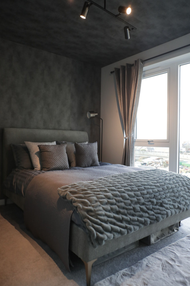 Идея дизайна: маленькая хозяйская спальня в стиле модернизм с серыми стенами, ковровым покрытием, серым полом, потолком с обоями, обоями на стенах и акцентной стеной без камина для на участке и в саду