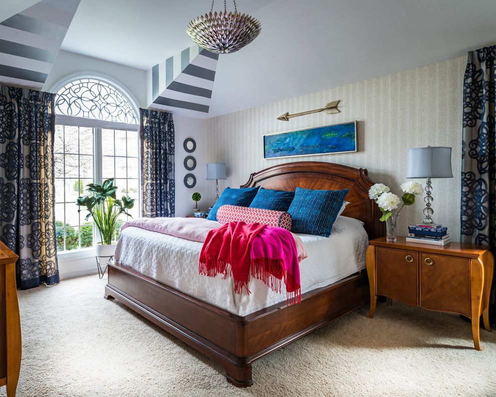 This is an example of a medium sized bohemian master bedroom in Cincinnati with white walls, carpet and beige floors.