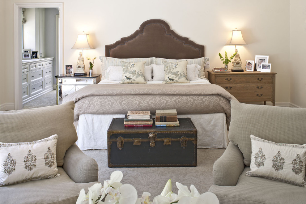 Inspiration for a medium sized traditional master and grey and brown bedroom in Los Angeles with beige walls, carpet, no fireplace and grey floors.