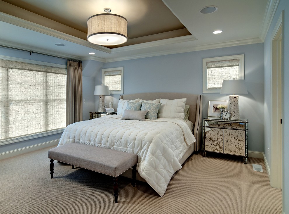 Bedroom - mid-sized contemporary guest carpeted bedroom idea in Minneapolis with blue walls and no fireplace