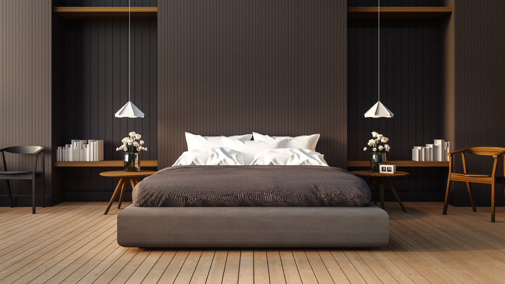 Großes Modernes Hauptschlafzimmer mit brauner Wandfarbe, braunem Boden und hellem Holzboden in Melbourne