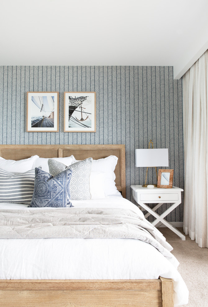 Inspiration for a medium sized coastal master bedroom in Gold Coast - Tweed with blue walls, carpet and beige floors.