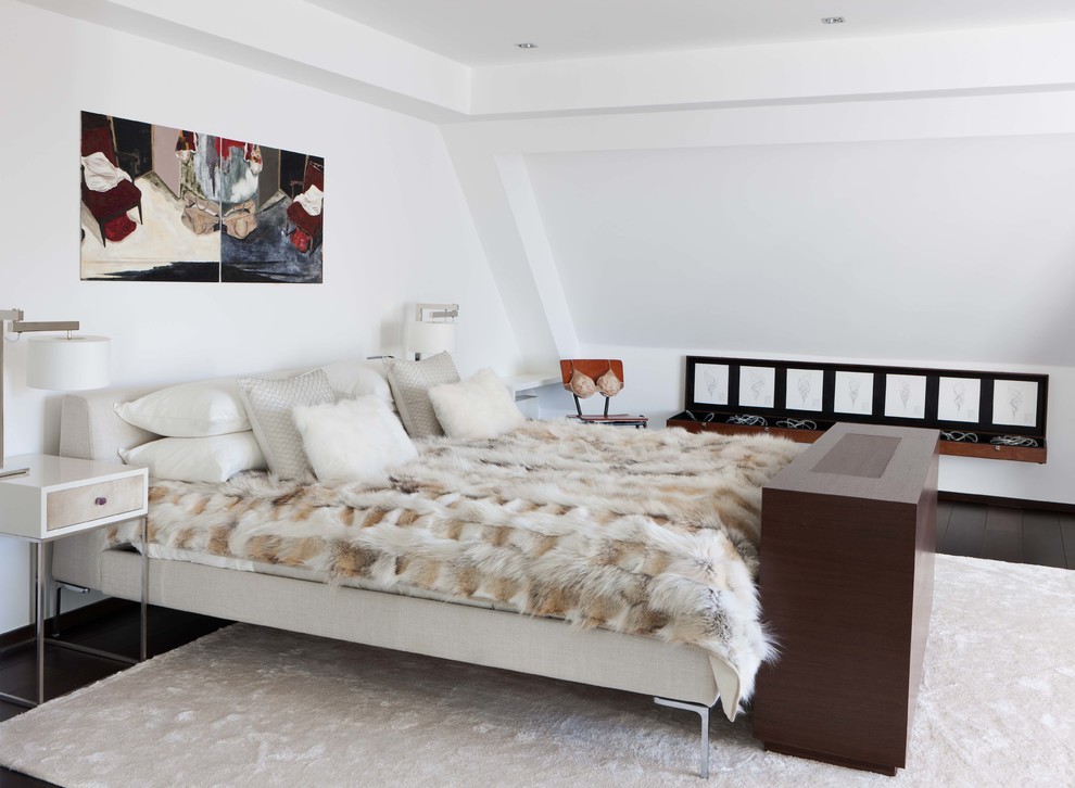 Design ideas for a medium sized modern master bedroom in London with white walls, dark hardwood flooring and brown floors.