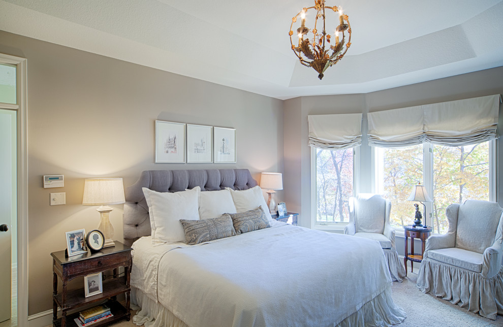 Inspiration for a timeless master bedroom remodel in Minneapolis with gray walls