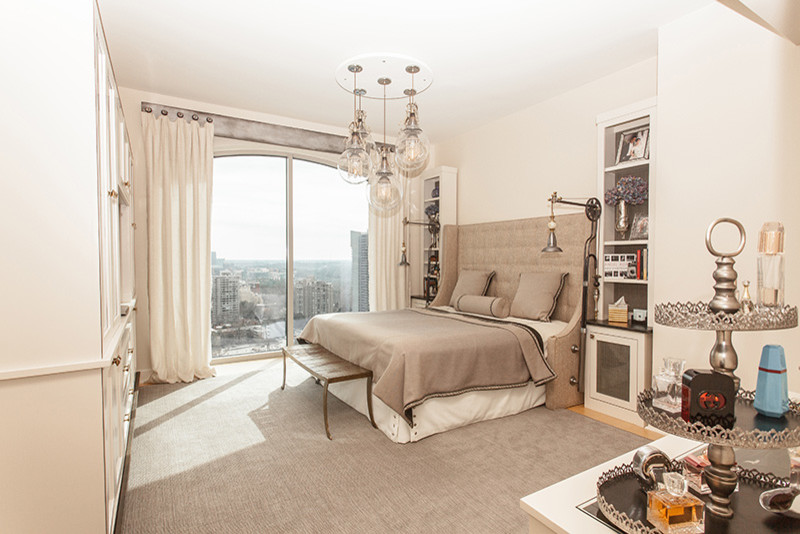 Inspiration for a large contemporary master bedroom in Atlanta with beige walls, carpet, no fireplace and brown floors.
