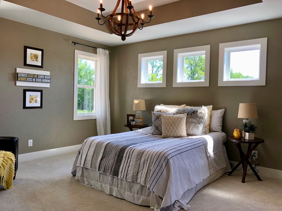 Medium sized country master bedroom in Other with grey walls, carpet and grey floors.