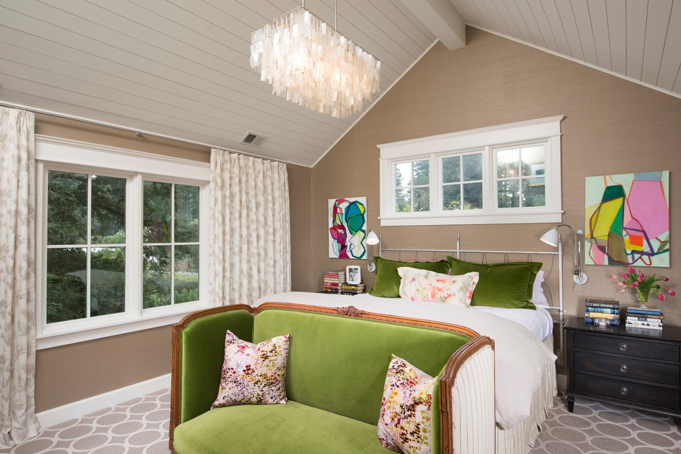 Inspiration for a mid-sized transitional master carpeted bedroom remodel in San Francisco with beige walls