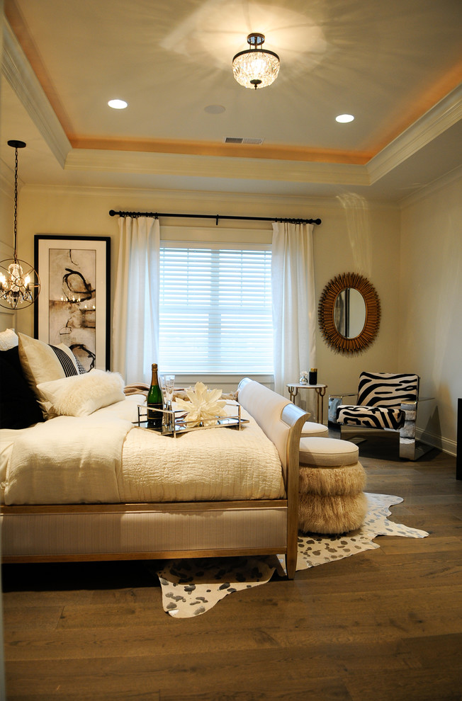 Medium sized traditional master bedroom in Other with white walls and dark hardwood flooring.