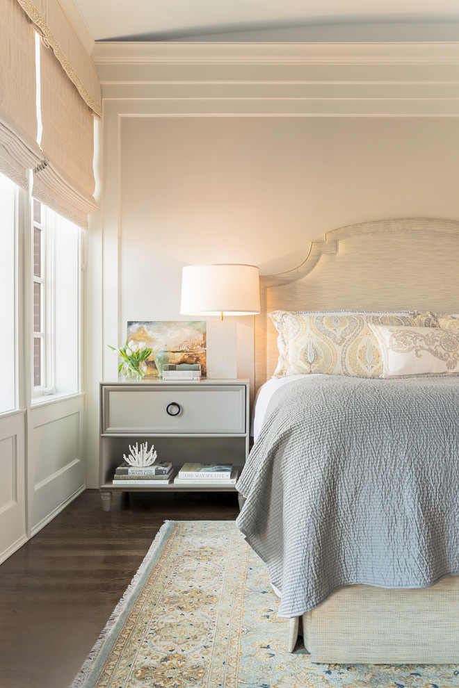 Large beach style master dark wood floor bedroom photo in Chicago with beige walls