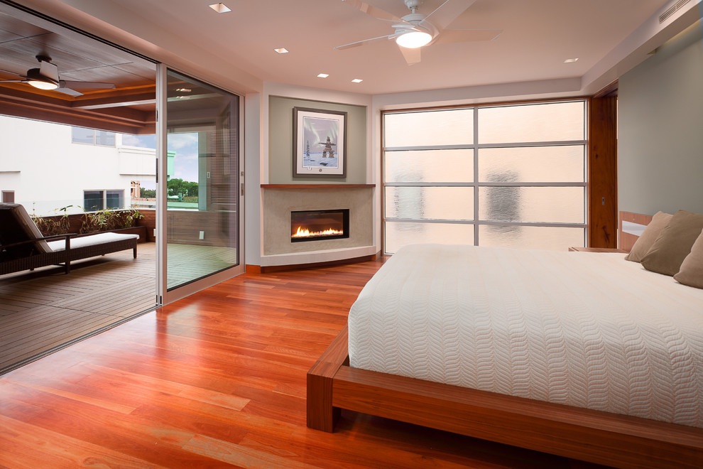 ロサンゼルスにある中くらいなコンテンポラリースタイルのおしゃれな主寝室 (コーナー設置型暖炉、マルチカラーの壁、無垢フローリング、漆喰の暖炉まわり)