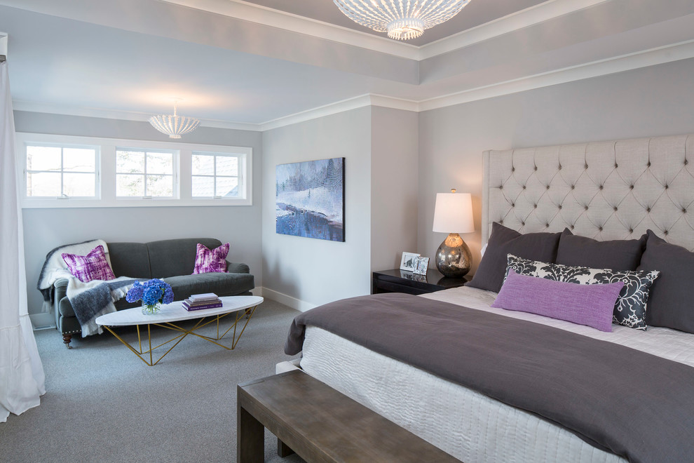 Bedroom - transitional master carpeted and gray floor bedroom idea in Minneapolis with gray walls