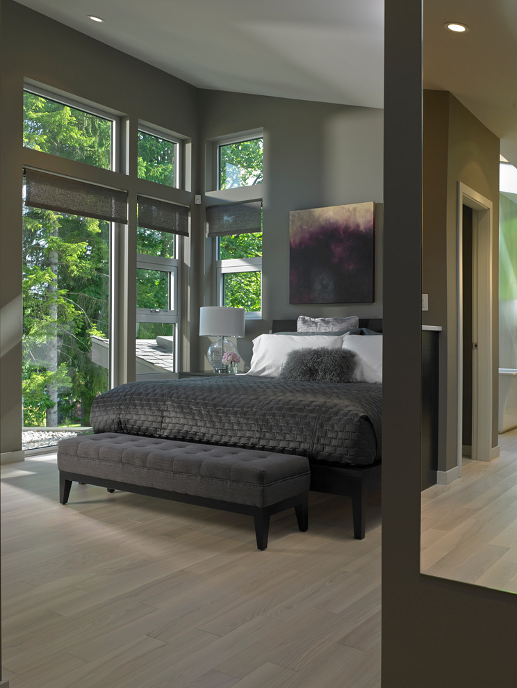 Imagen de dormitorio principal moderno grande sin chimenea con paredes grises y suelo de madera clara