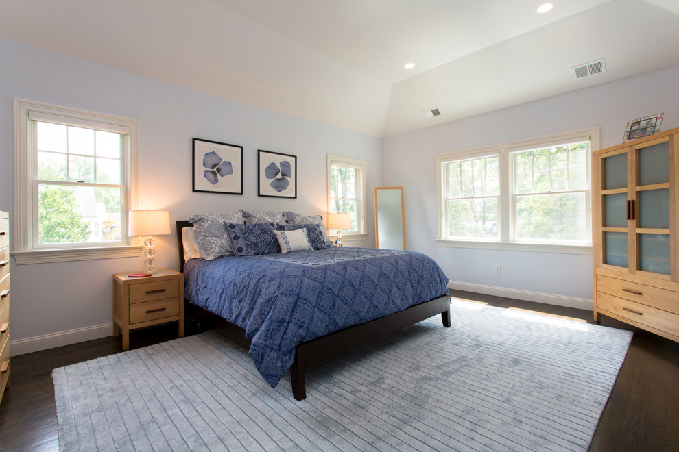 Свежая идея для дизайна: большая хозяйская спальня в стиле неоклассика (современная классика) с темным паркетным полом, коричневым полом и синими стенами без камина - отличное фото интерьера
