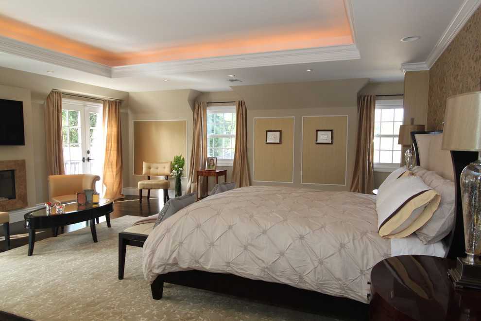 Eclectic master bedroom in San Francisco with beige walls.